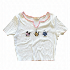 Romwe White Pink Trim Butterfly Notch Neck Tee Small